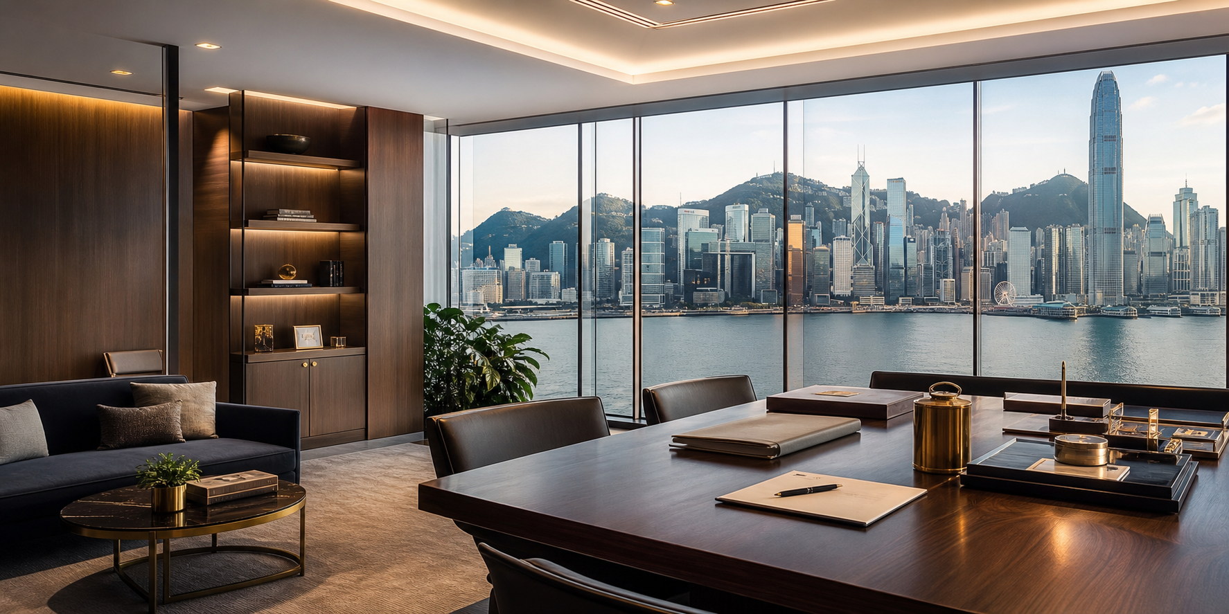 Hong Kong skyline viewed from a refined legal office